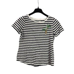 Talbots Striped T-Shirt Beaded Palm Tree Embroidery Womens M Cotton Short Sleeve